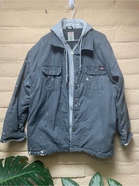 Dickies Men’s Distressed Dark Gray Work Jacket with Gray Hood Insert